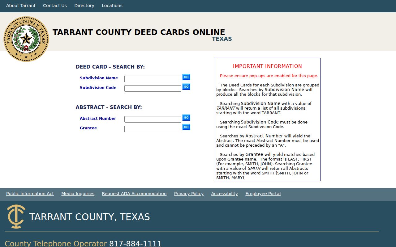 Arlington previous residents research using Tarrant County tax deed card search fields