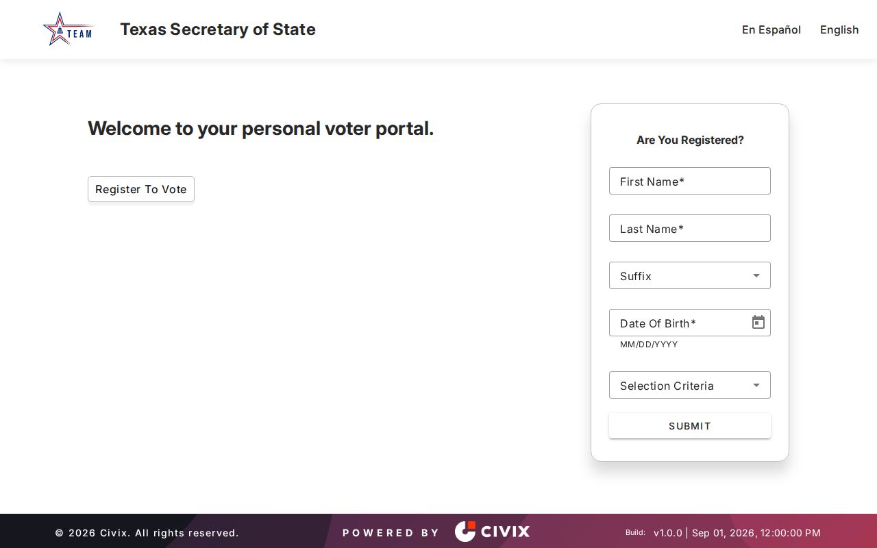 Arlington resident lookup form for Texas My Voter Portal